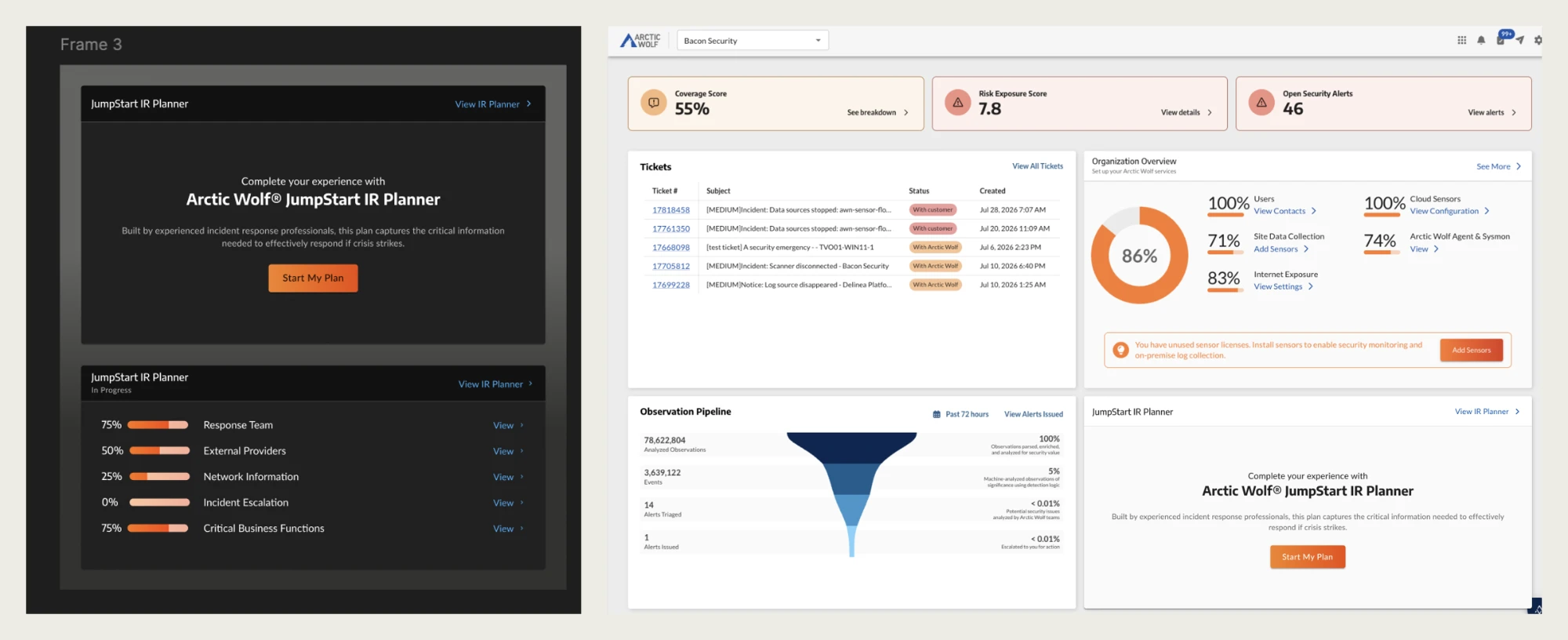 The plan status widget in both states, unstarted with a Start My Plan action and in progress with one row per section, shown beside the widget in place on the Unified Portal dashboard